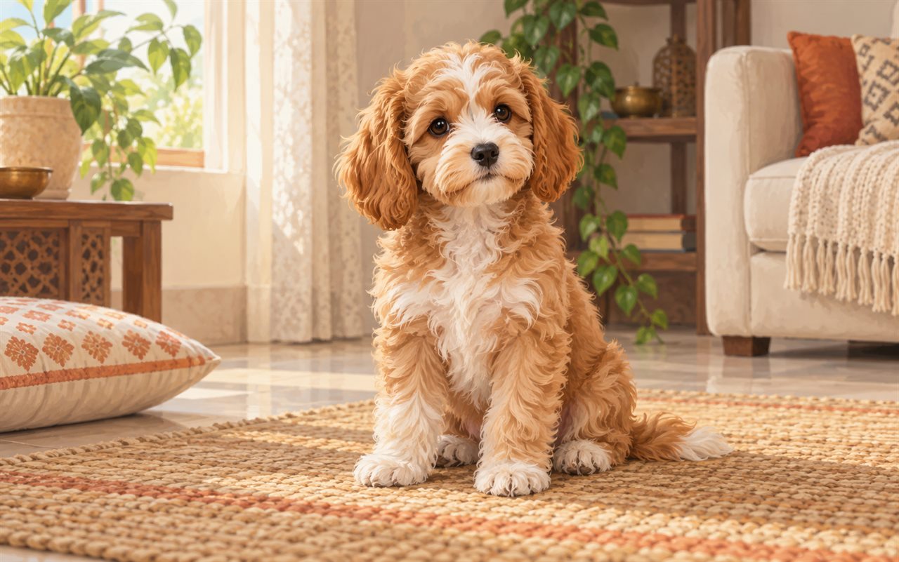Illustration of an apricot-and-white Cavapoo puppy sitting indoors