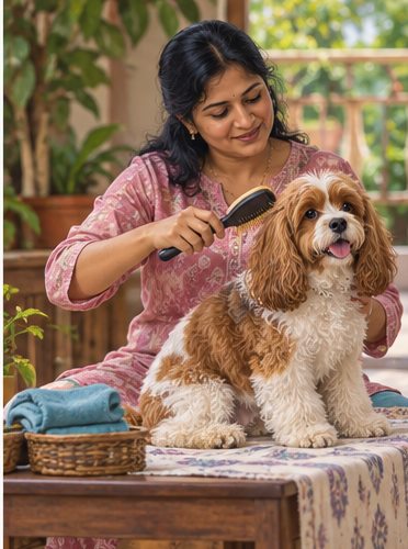 Illustration of people spending time with a Cavapoo at home or outdoors