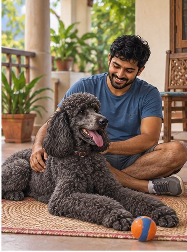 Illustration of people spending time with a Giant Poodle at home or outdoors