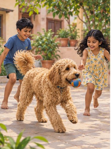Illustration of people spending time with a Goldendoodle at home or outdoors