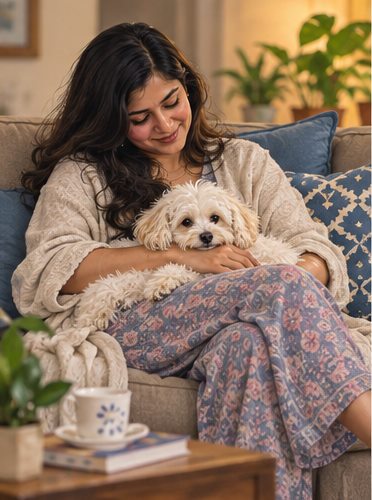 A woman sits on a sofa with a small, light-colored dog in her lap.