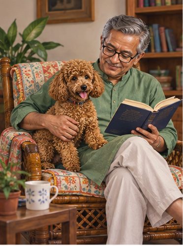 Illustration of people spending time with a Miniature Poodle at home or outdoors