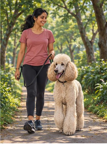 Illustration of people spending time with a Standard Poodle at home or outdoors