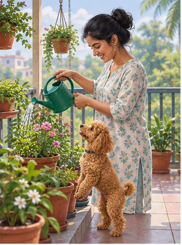 Illustration of people spending time with a Toy Poodle at home or outdoors