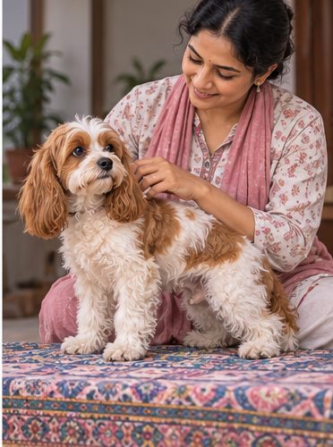 AI-generated illustration of a woman grooming an apricot-and-white dog on a patterned table indoors