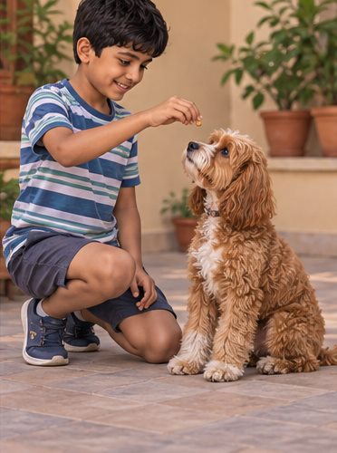 Illustration of people spending time with a Cockapoo at home or outdoors