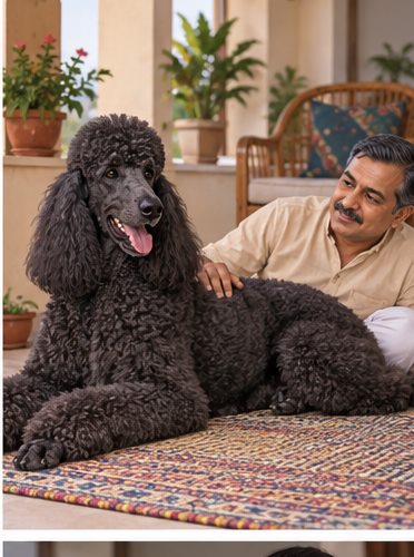 Illustration of people spending time with a Giant Poodle at home or outdoors