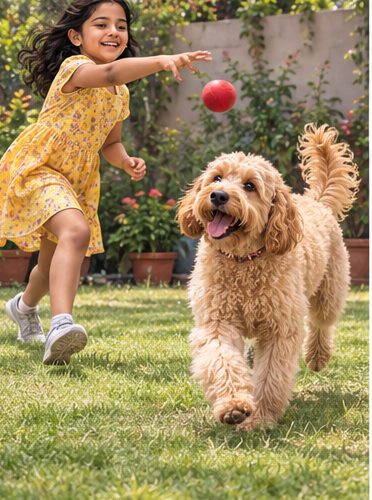 Illustration of people spending time with a Goldendoodle at home or outdoors
