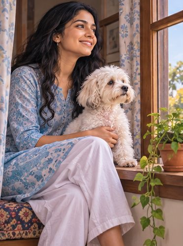 A woman sits beside a window with a small fluffy dog on her lap.