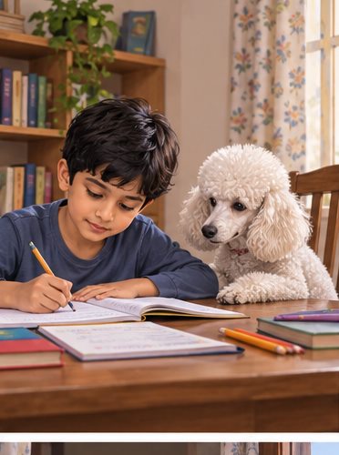 Illustration of people spending time with a Miniature Poodle at home or outdoors