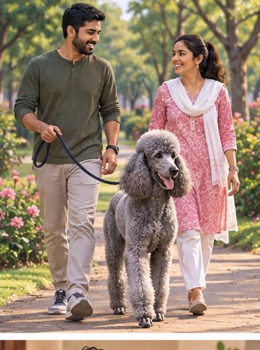 Illustration of people spending time with a Standard Poodle at home or outdoors