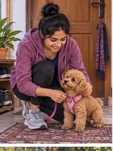 Illustration of people spending time with a Toy Poodle at home or outdoors