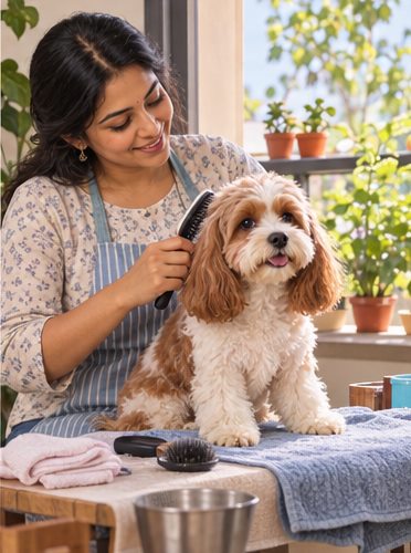 AI-generated illustration of a woman brushing an apricot-and-white dog on a towel-covered table beside a window