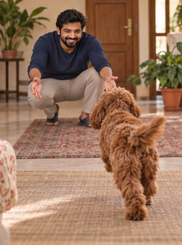 Illustration of people spending time with a Cockapoo at home or outdoors