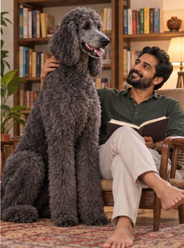 Illustration of people spending time with a Giant Poodle at home or outdoors