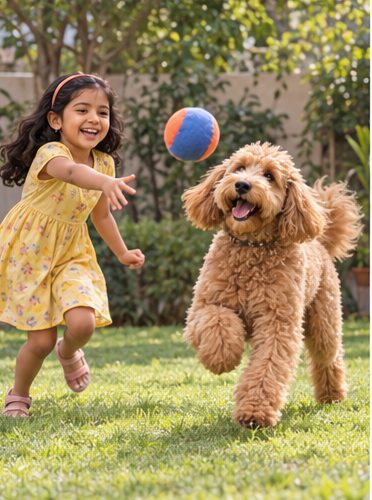 Illustration of people spending time with a Goldendoodle at home or outdoors