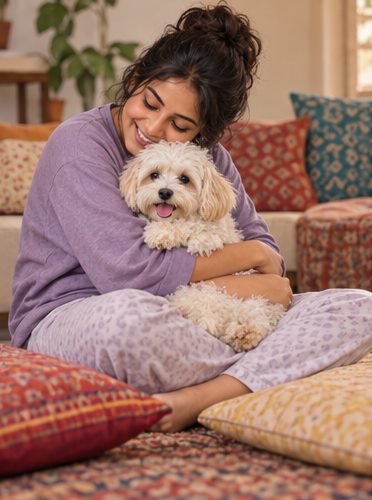 A woman cuddles a small white dog while sitting on a sofa.