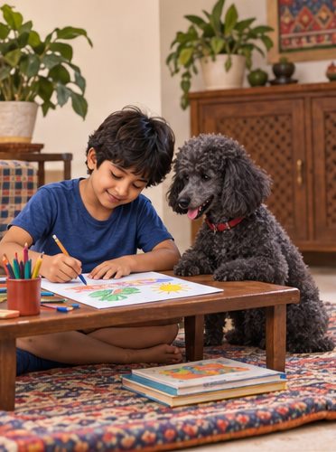 Illustration of people spending time with a Miniature Poodle at home or outdoors