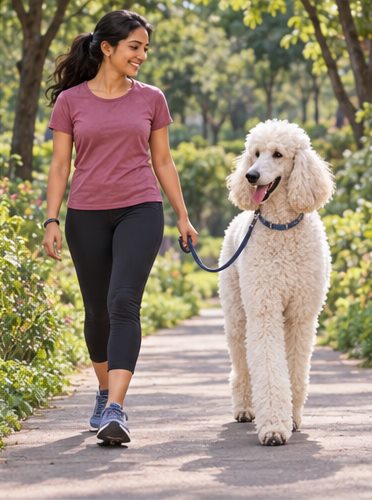Illustration of people spending time with a Standard Poodle at home or outdoors