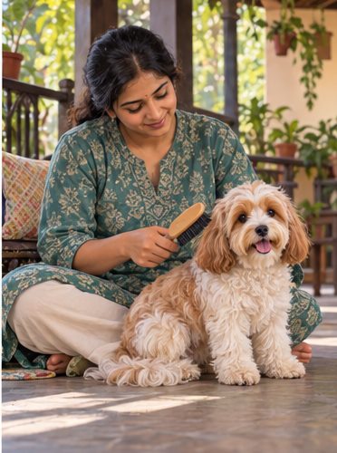 AI-generated illustration of a seated woman brushing an apricot-and-white dog on a veranda with plants