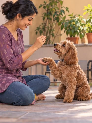 Illustration of people spending time with a Cockapoo at home or outdoors