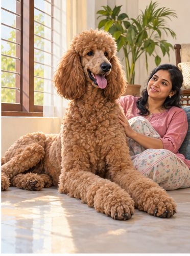 Illustration of people spending time with a Giant Poodle at home or outdoors
