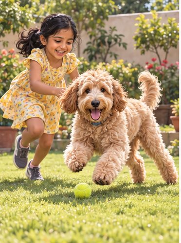 Illustration of people spending time with a Goldendoodle at home or outdoors