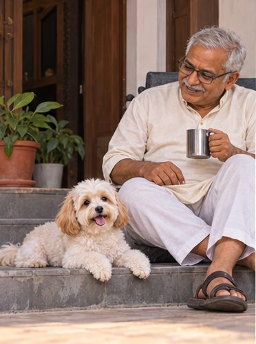 A man sits outside a doorway with two small light-colored dogs.