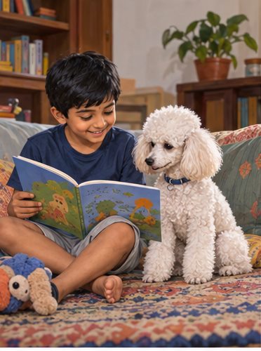 Illustration of people spending time with a Miniature Poodle at home or outdoors