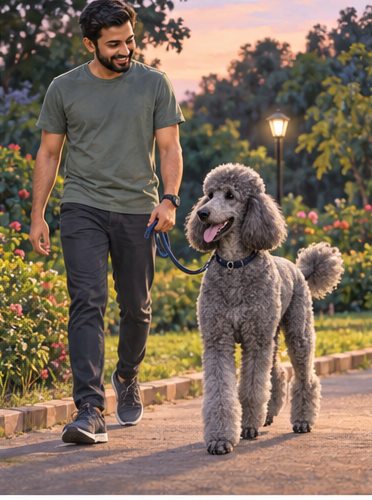 Illustration of people spending time with a Standard Poodle at home or outdoors