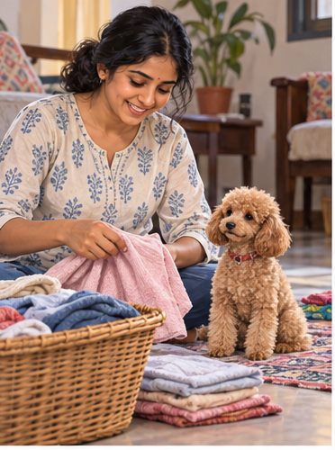 Illustration of people spending time with a Toy Poodle at home or outdoors