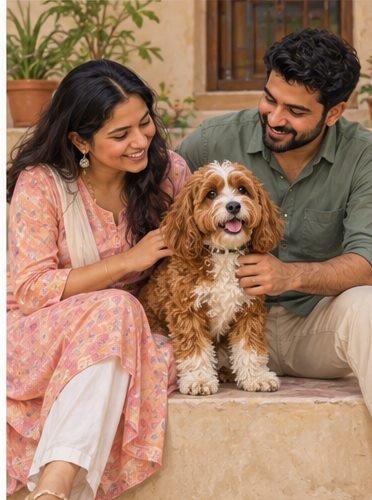 AI-generated illustration of a couple seated beside an apricot-and-white dog on steps, with potted plants behind them