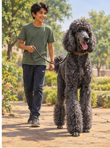 Illustration of people spending time with a Giant Poodle at home or outdoors
