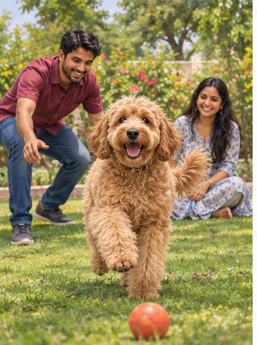 Illustration of people spending time with a Goldendoodle at home or outdoors
