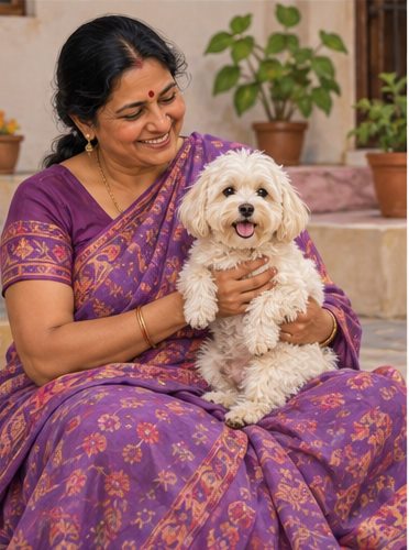 A woman holds a small white dog while seated outdoors.