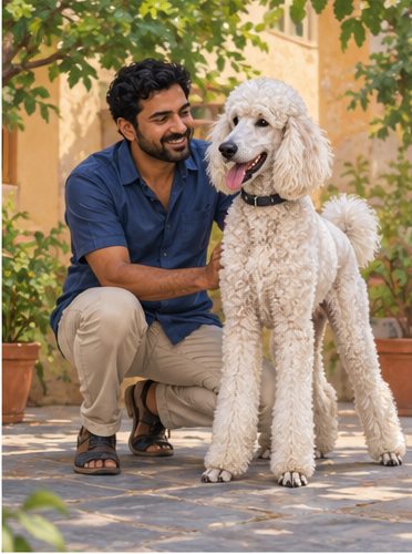 Illustration of people spending time with a Standard Poodle at home or outdoors