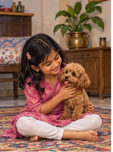 Illustration of people spending time with a Toy Poodle at home or outdoors