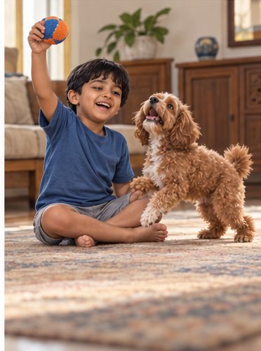 AI-generated illustration of a child seated on a rug holding a ball above an apricot dog in a living room