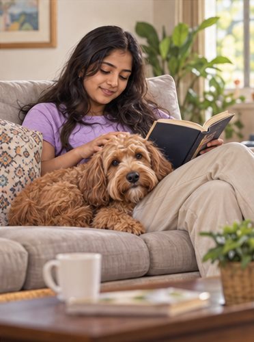 Illustration of people spending time with a Cockapoo at home or outdoors