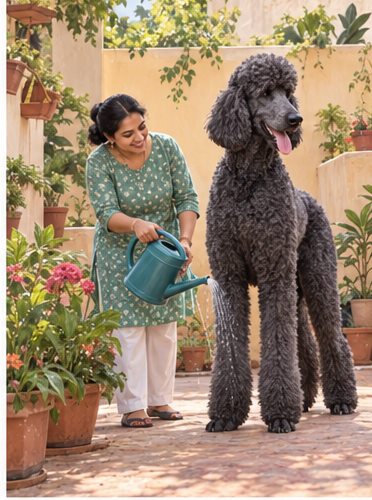 Illustration of people spending time with a Giant Poodle at home or outdoors