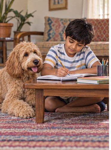 Illustration of people spending time with a Goldendoodle at home or outdoors