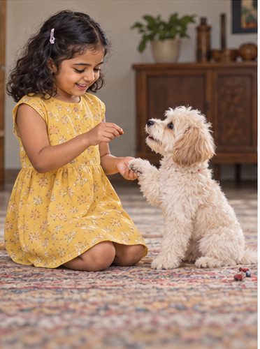 A child kneels in front of a small white dog indoors.