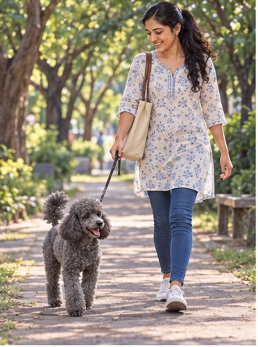 Illustration of people spending time with a Miniature Poodle at home or outdoors