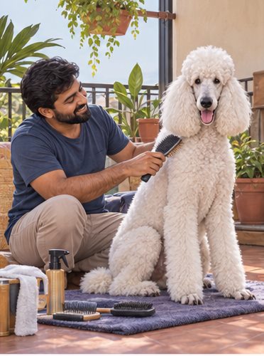 Illustration of people spending time with a Standard Poodle at home or outdoors