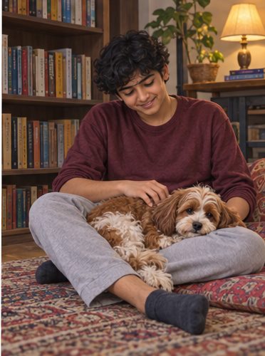 AI-generated illustration of a person seated on a patterned rug stroking an apricot-and-white dog across their lap, beside bookshelves