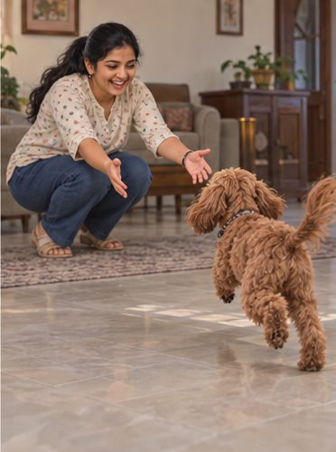 Illustration of people spending time with a Cockapoo at home or outdoors