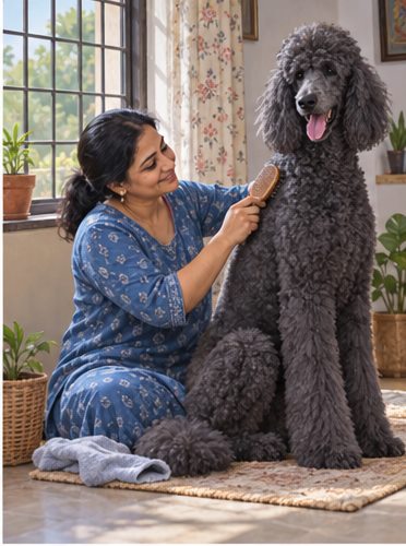 Illustration of people spending time with a Giant Poodle at home or outdoors
