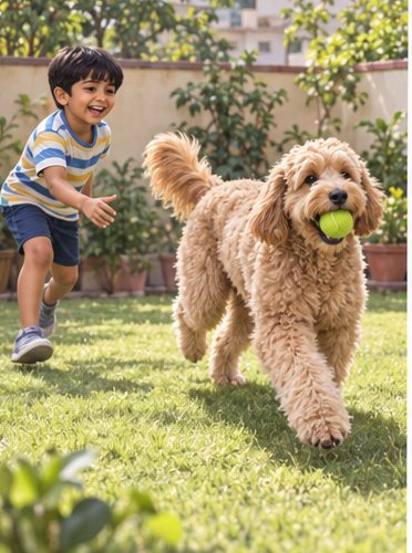 Illustration of people spending time with a Goldendoodle at home or outdoors