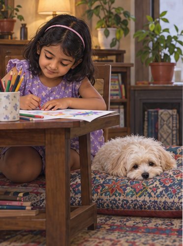 A woman sits at a desk while a small dog rests beside her.