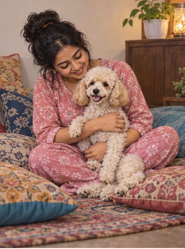 Illustration of people spending time with a Miniature Poodle at home or outdoors